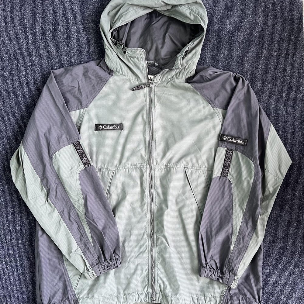 Vintage Columbia Jacket Mens XL Green Gray Hooded Windbreaker Full Zip 90s